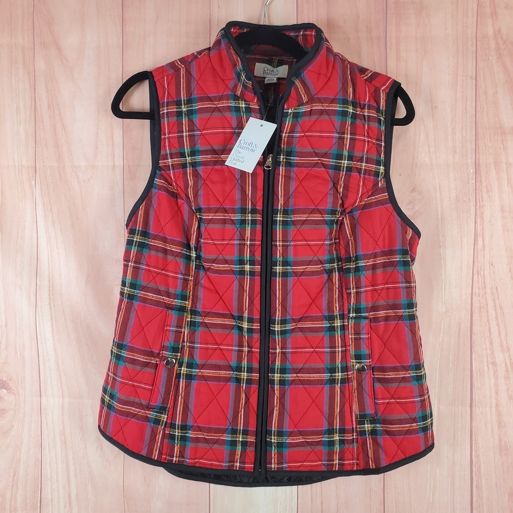 Croft & Barrow Woven Quilted Vest Womens Small Multicolor Plaid Cotton Mock Neck